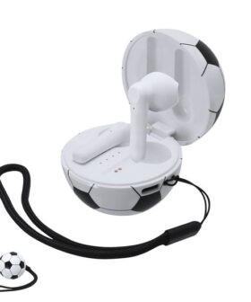 Auriculares con estuche de diseño de balón de fútbol. Ideal para promociones y merchandising corporativo. Personalizable con tu logo.