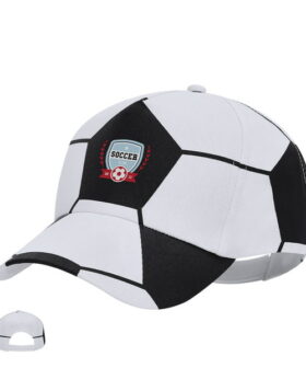 Gorra deportiva con original diseño de balón de fútbol de 5 paneles en algodón. Ideal para promociones y merchandising corporativo. Personalizable con tu logo.